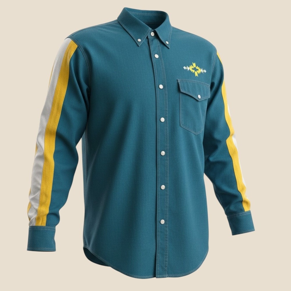 Vintage Alamosa Mens Southwestern Striped Button Down Shirt Teal Yellow Large